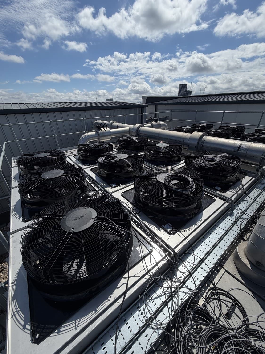 Bank of nine EC cooling-tower fans installed on one cell of the cooling tower