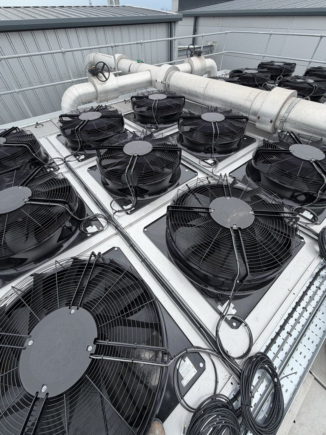 The second bank of nine EC fans on the opposite cell of the cooling tower