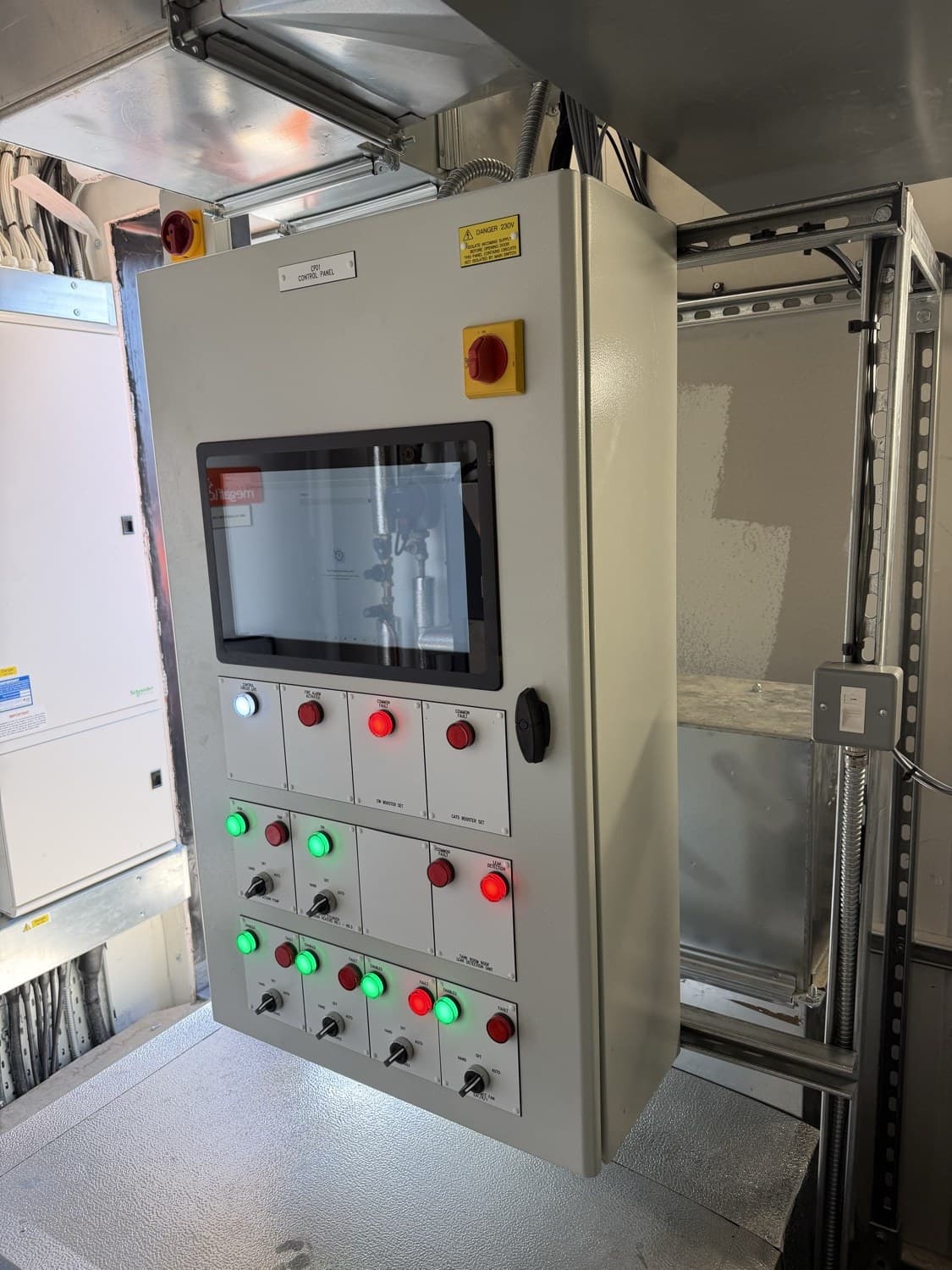 CP01 BMS control panel in the rooftop plant room