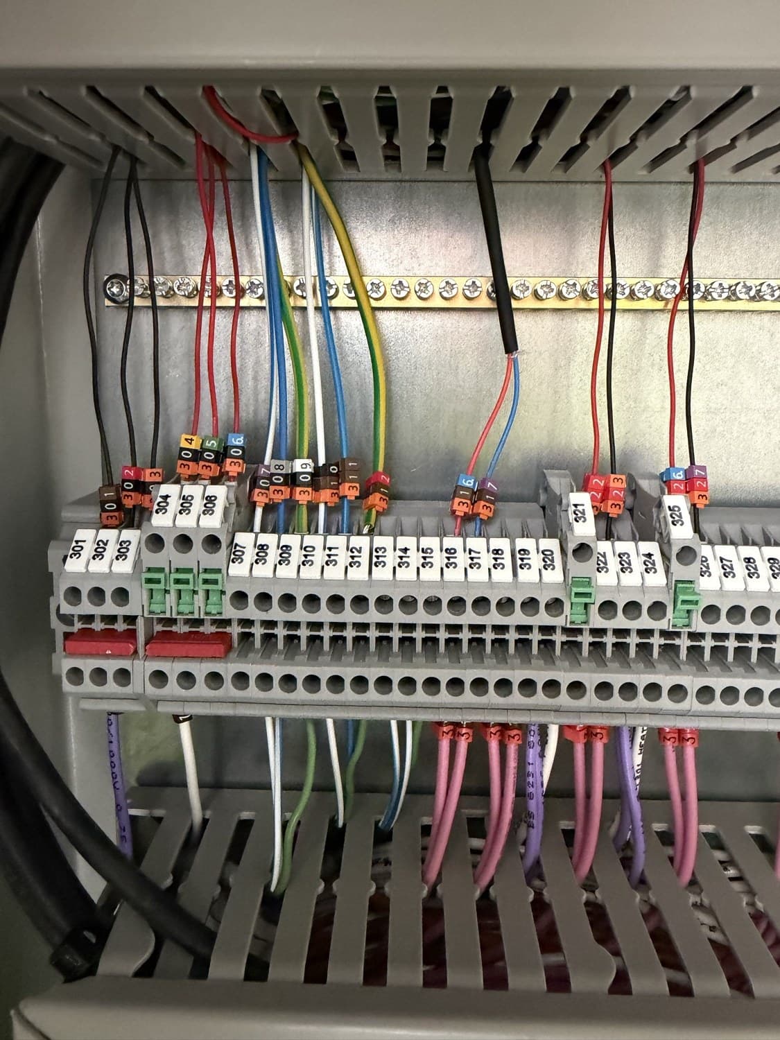 Neatly numbered and labelled control terminations in the CP01 panel