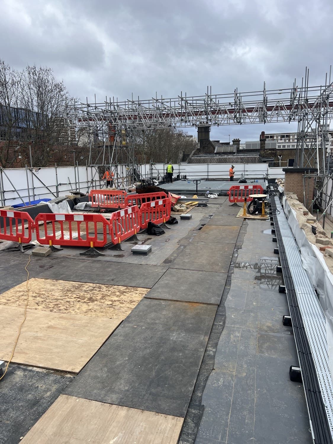 Rooftop terrace at Radstock House — the access route to the plant room and AHUs