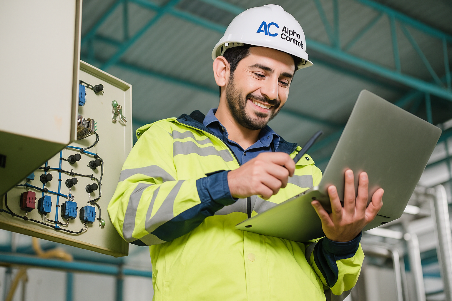 Alpha Controls BMS engineer using tablet on commercial building site