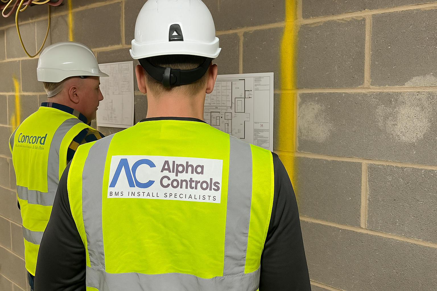 Alpha Controls engineers reviewing BMS installation plans on commercial building project