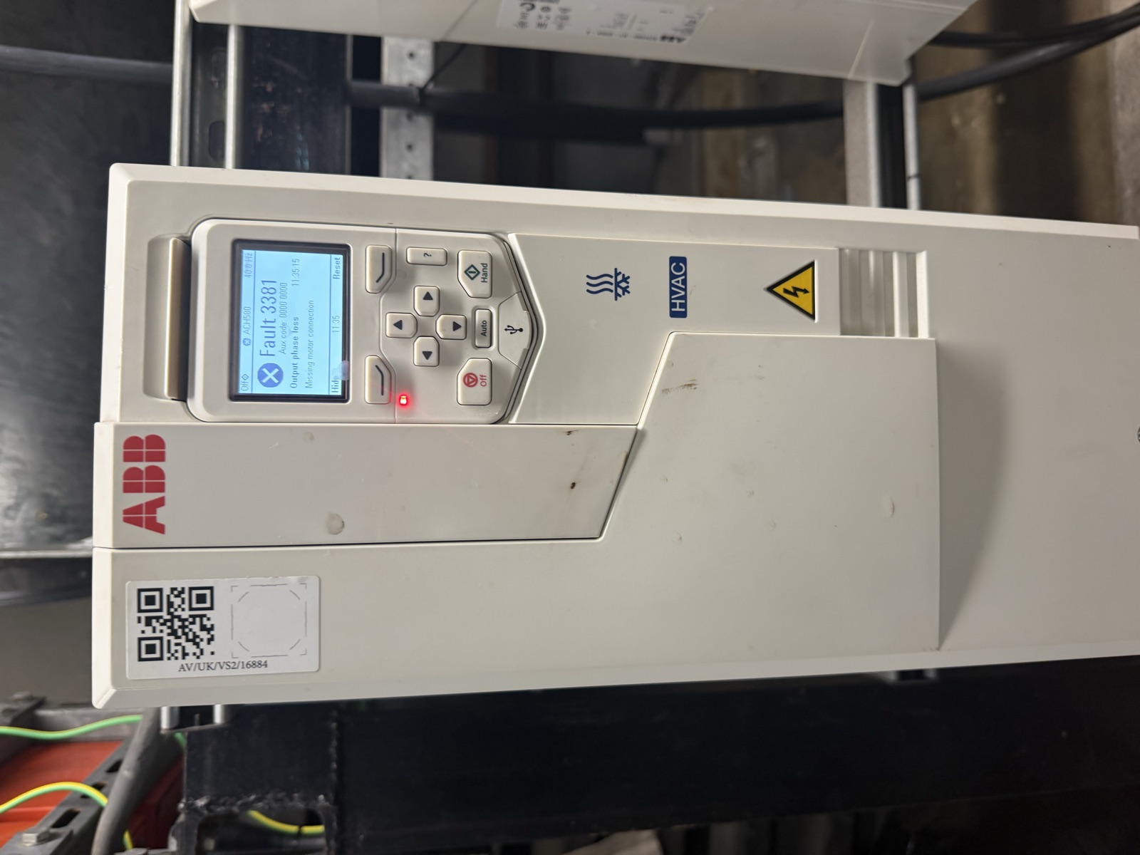 ABB ACH580 drive keypad showing Fault 3381 output phase loss