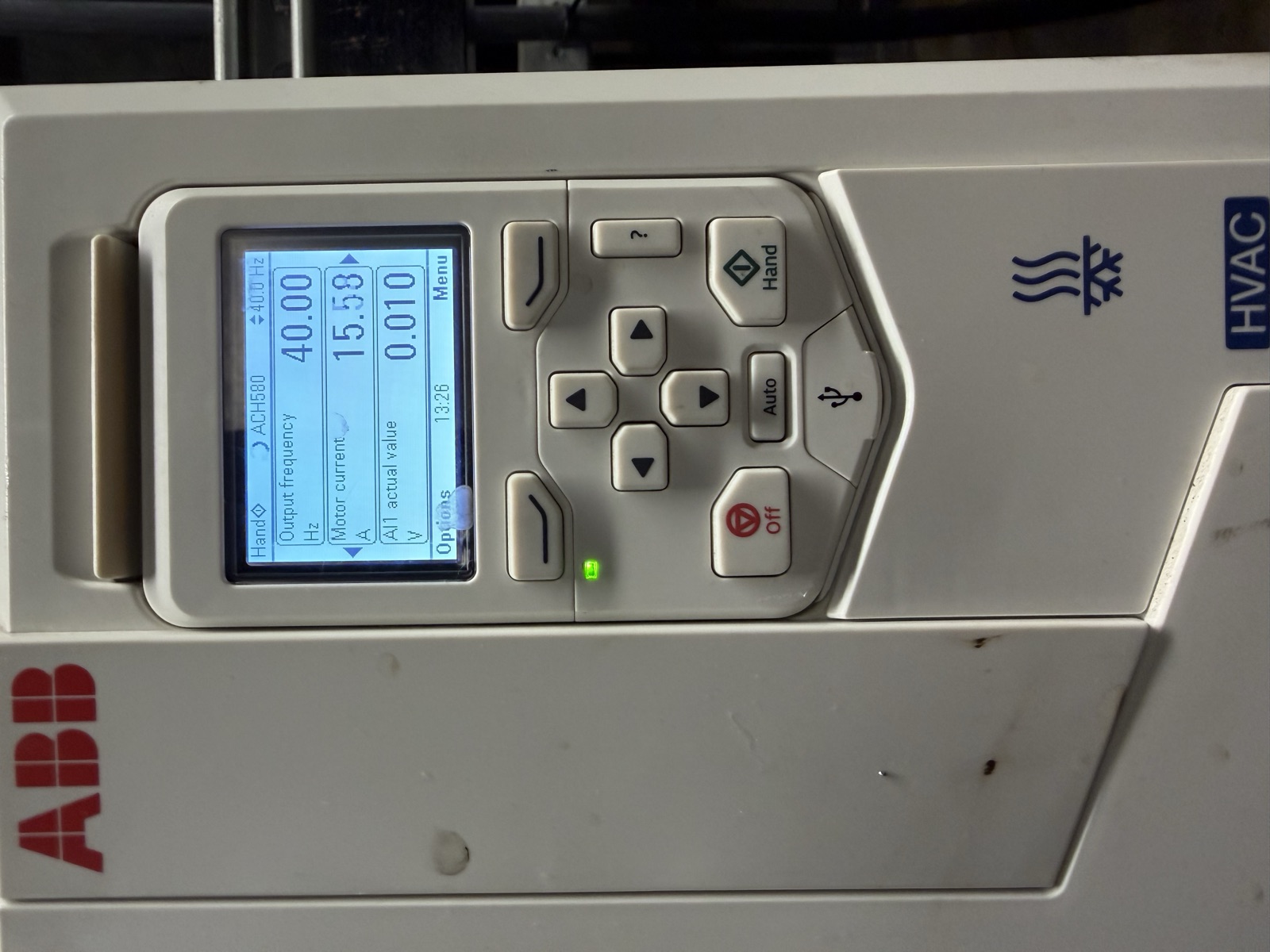 ABB ACH580 drive showing normal operation at 40 hertz after repair