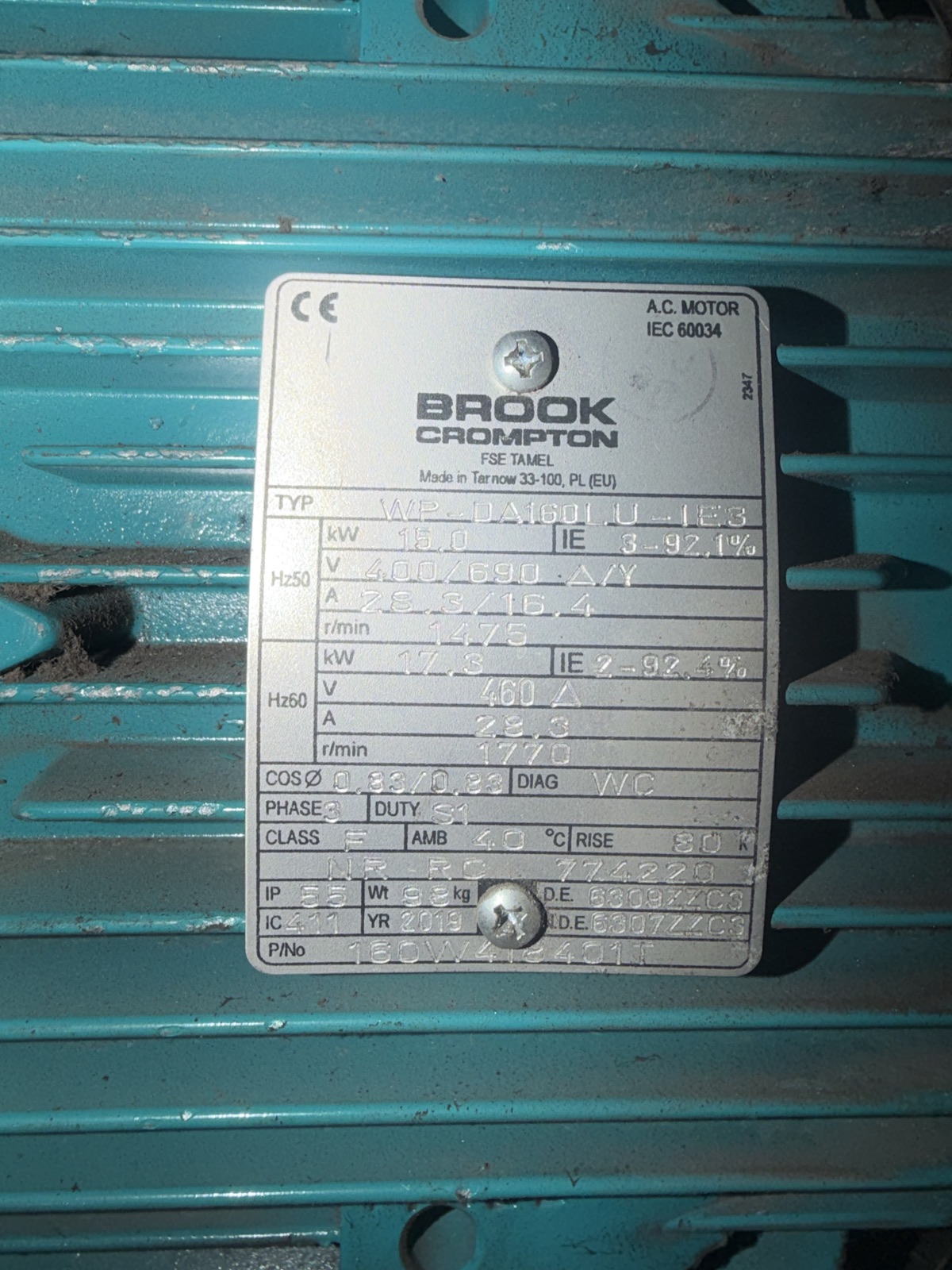 Brook Crompton motor nameplate showing 400/690 volt delta star rating