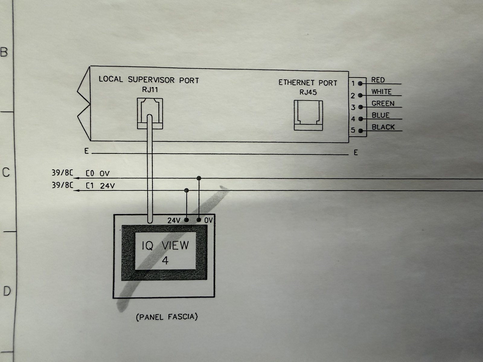 BMS panel drawing showing IQView4 24V and 0V supply terminals and RS232 connection to the IQ controller local supervisor port