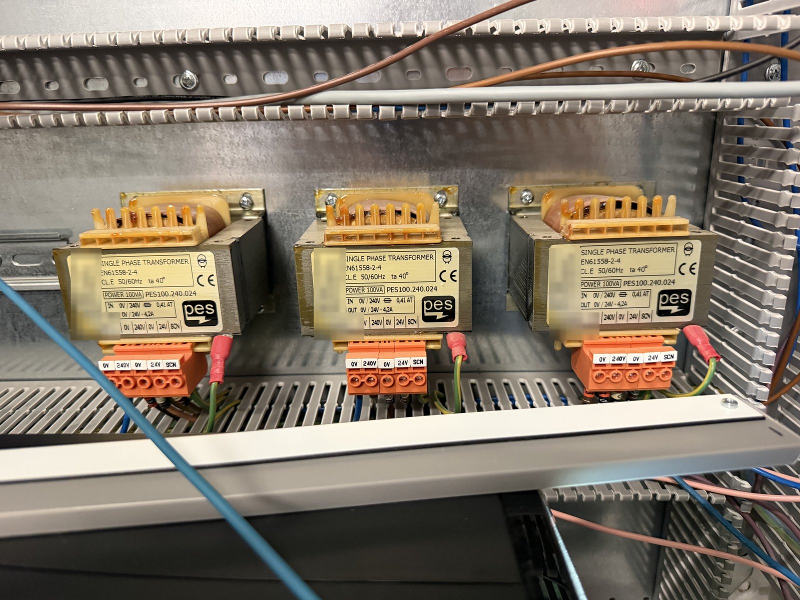 Three PES 100VA 240V to 24V control transformers in a BMS panel LV section