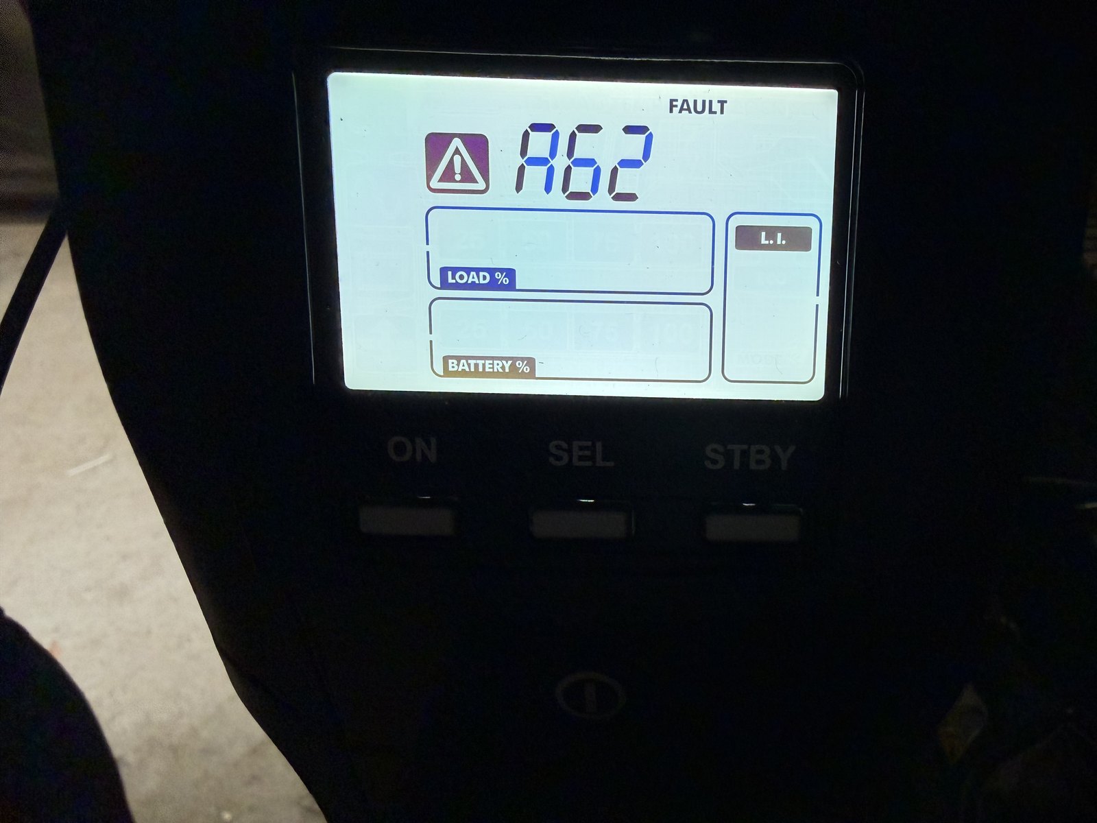 UPS display showing fault code A62 with no output