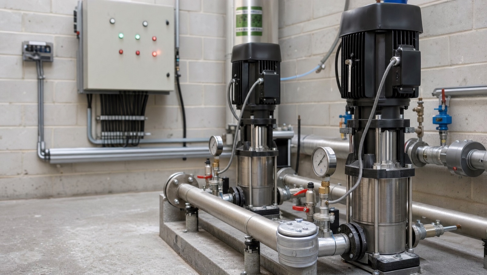 Plant room pump set with BMS control panel, valves and pressure sensors on an open protocol BMS installation
