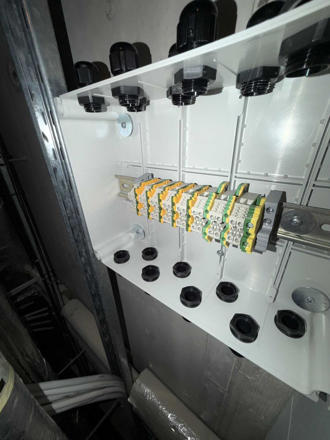 New termination box joining existing and new 24V window actuator wiring in the store room