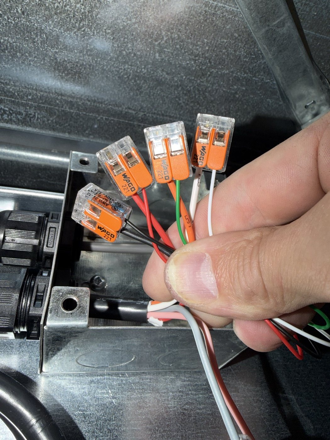 TROX VAV wiring: Belden cores terminated in lever connectors inside the adaptable box, with the pink and grey bus cores parked