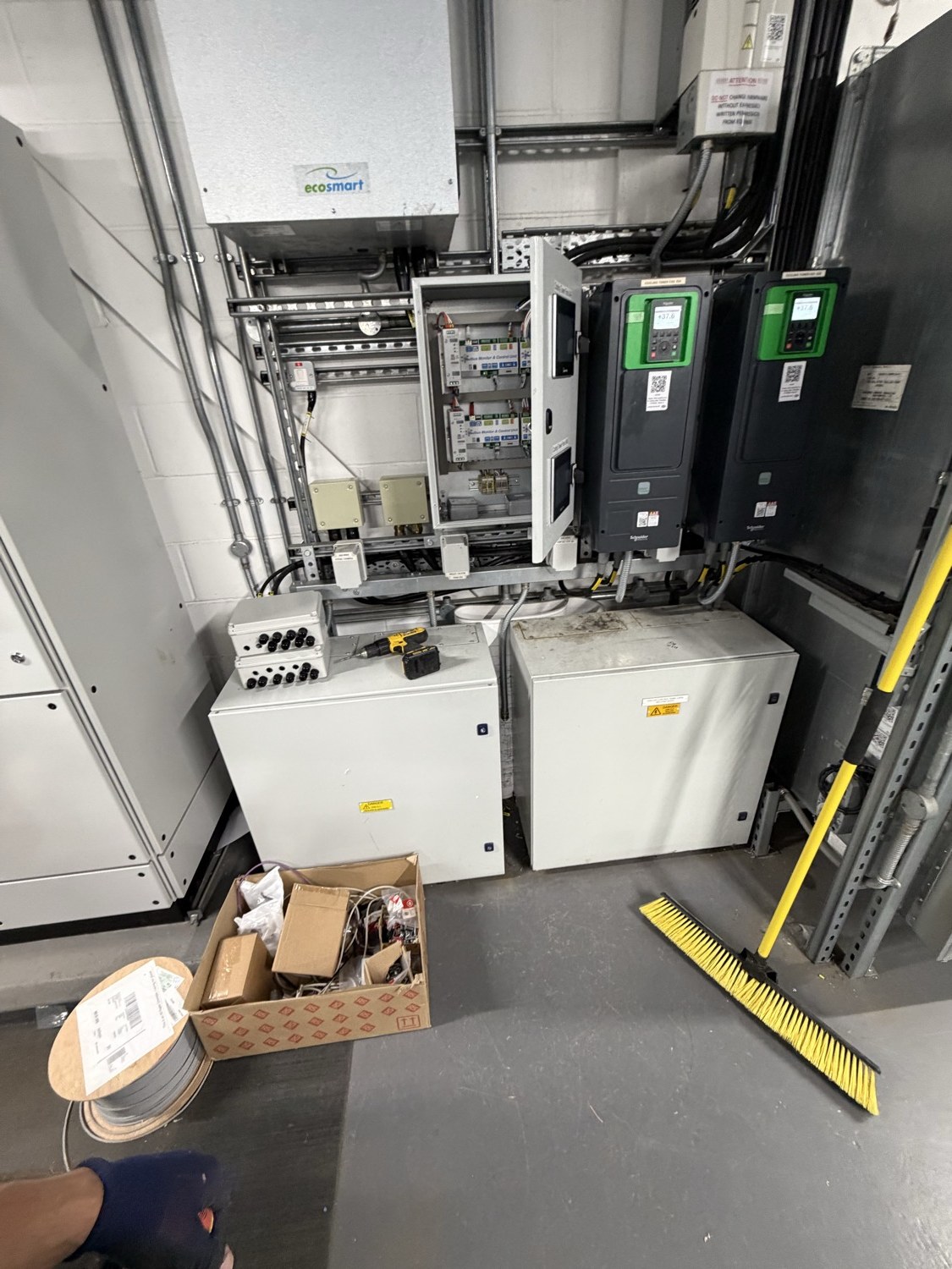 Data centre BMS integration — plant-room drives and open control enclosure during the Park Royal cooling-tower upgrade