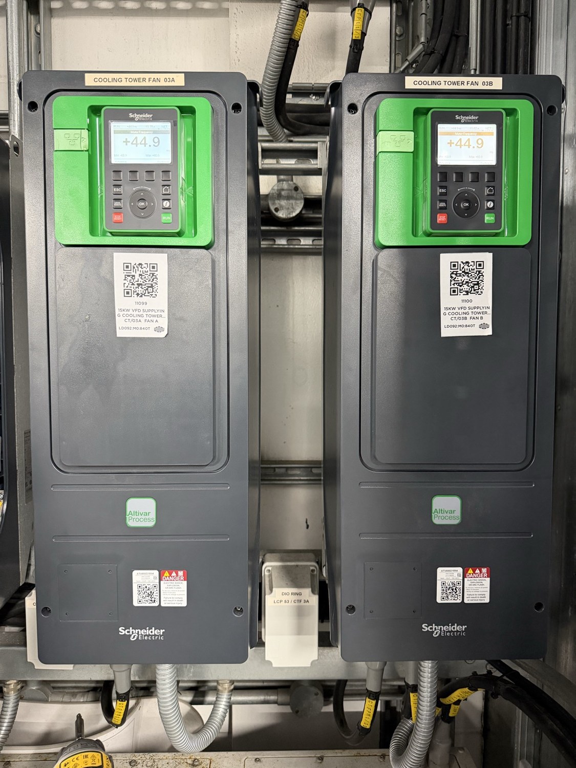 Data centre BMS alarm management — the two original cooling-tower fan drives at Park Royal before they were removed