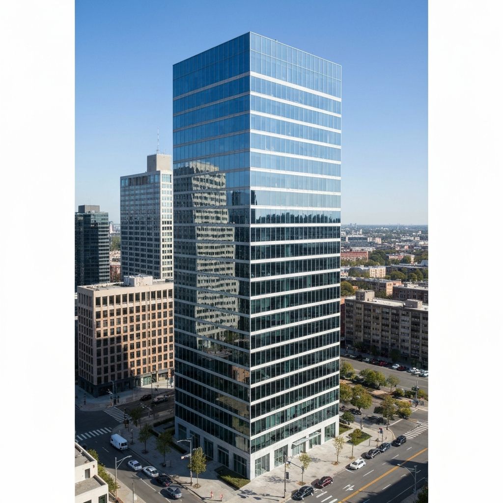 Modern sealed commercial building facade with fixed glazing requiring mechanical ventilation via AHU